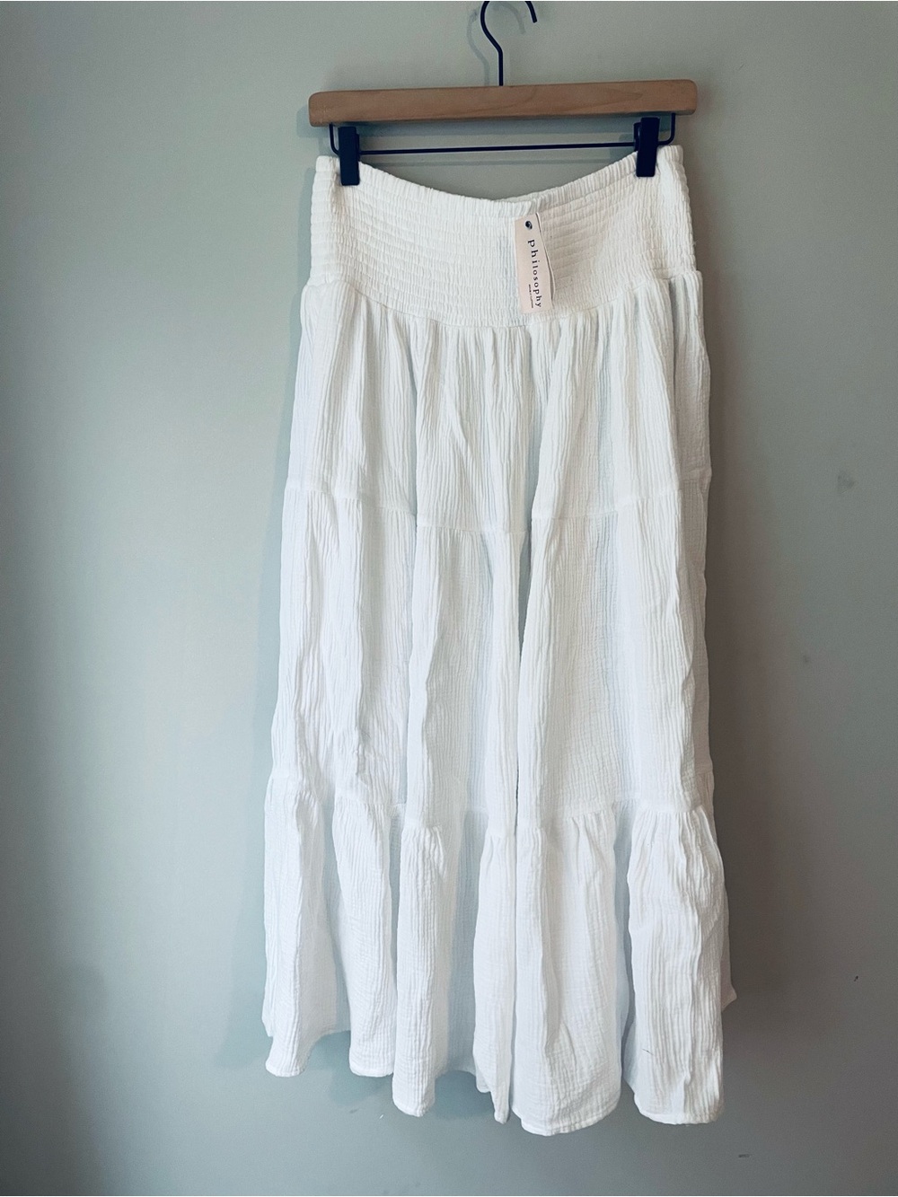 Philosophy White Smocked Waist Tiered Maxi Skirt NWT
